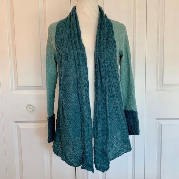 Anthropologie Mohair Open Cardigan Teal Blue Open Crochet Green Small Pockets - Picture 2 of 15
